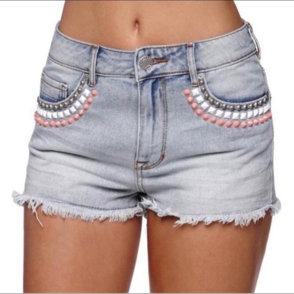 Kendall & Kylie Pants - Kendall and Kylie Studded High Rise Cutoff Shorts
